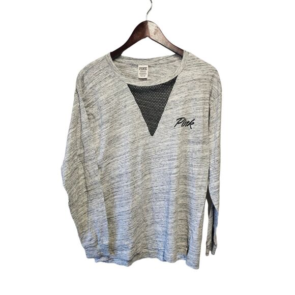 Victorias Secret PINK Long Sleeve Mesh Graphic T-Shirt Marled Gray Logo‎ Small - Picture 3 of 6